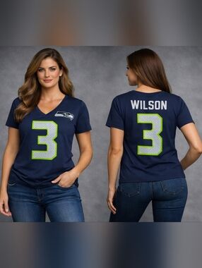 NFL Women's Navy V-Neck Tee with Lime Green '3' and Team Logo